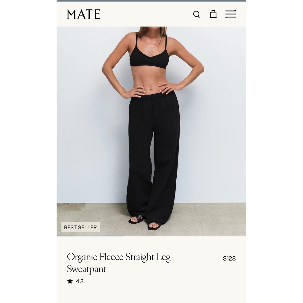 NWT MATE the Label Organic Fleece Straight Leg Sweatpants Jet Black Womens Small